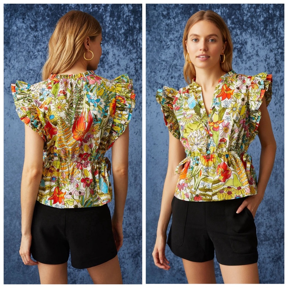 Marie Oliver Olive Ruffle Peplum Cotton Poplin Blouse Top Botanic Floral XS